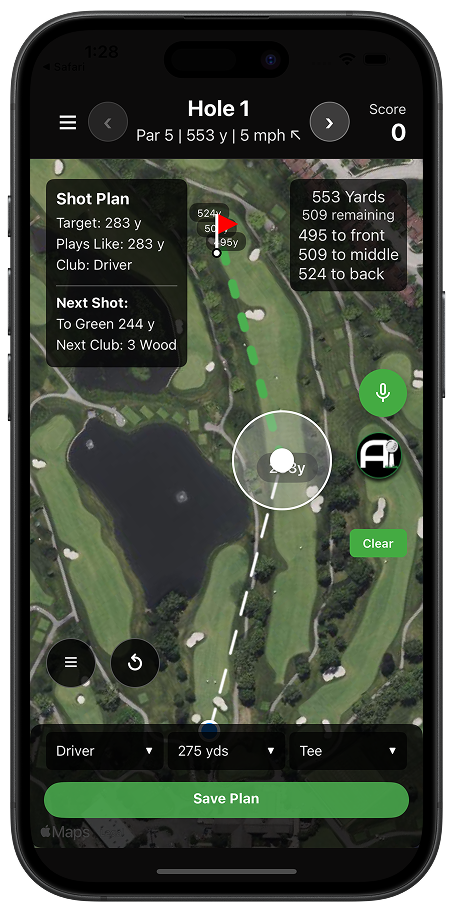 ParPal Golf AI-powered mental coaching app screenshot showing golf course map, shot planning, club selection, and round tracking features for improving golf performance