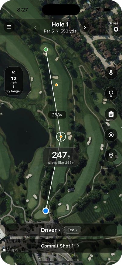 ParPal Golf — AI caddie and GPS screenshot: course map, yardages, club recommendation, and voice shot logging